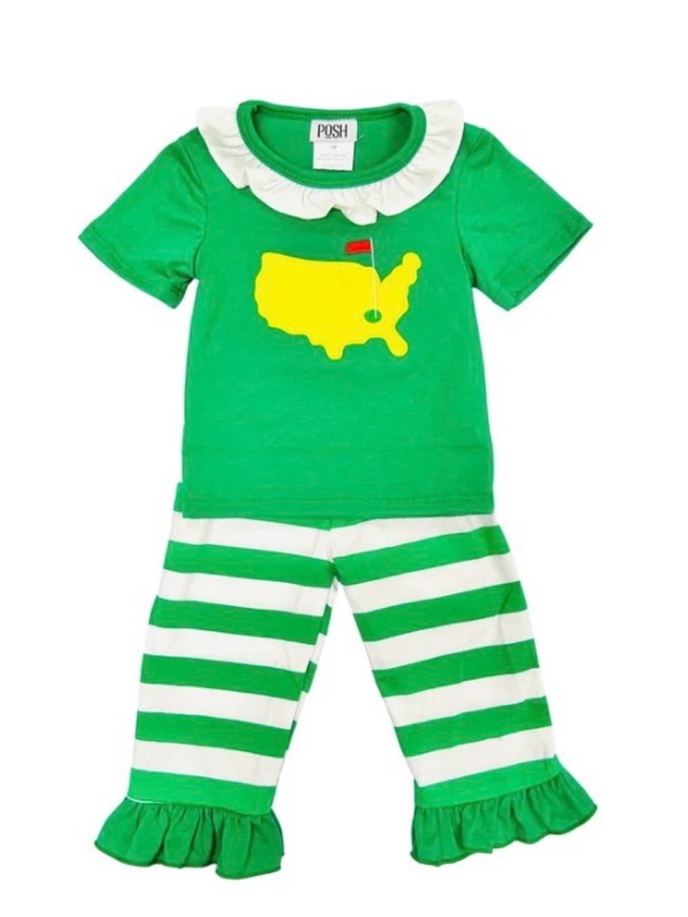 Posh Green & White Ruffle Collar Kids Pajama Set with Yellow Map Motif